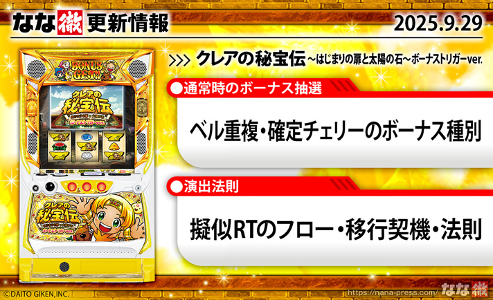 クレアの秘宝伝～はじまりの扉と太陽の石～ボーナストリガーver.　更新情報の概要　TOP画像