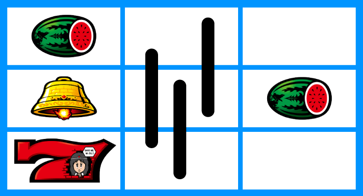 スマスロ/SLOT ドルアーガの塔　リーチ目　左リール赤7付近　左リールスイカ・ベル・赤7　右リール中段スイカ