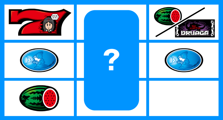 スマスロ/SLOT ドルアーガの塔　リーチ目　左リール赤7付近　中段リプレイ・右上がりスイカテンパイ