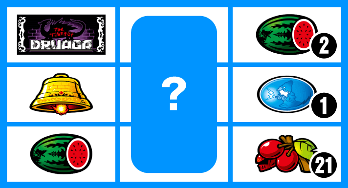 スマスロ/SLOT ドルアーガの塔　リーチ目　左リールBAR付近　スイカ右上がりテンパイ　スイカ（2番）・リプレイ（1番）・チェリー（21番）