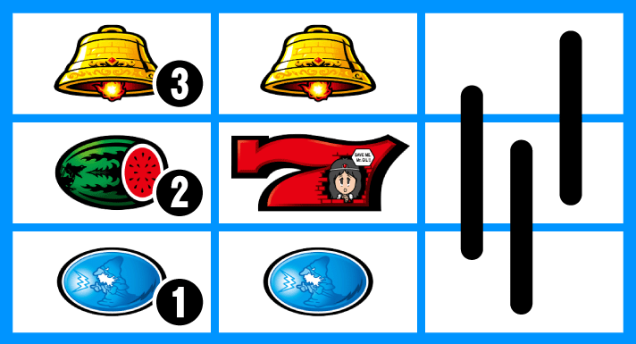 スマスロ/SLOT ドルアーガの塔　リーチ目　左リール2連ギル付近　上段ベル（3番）・中段スイカ（2番）・下段リプレイ（1番）停止　中リールベル・赤7・リプレイ停止