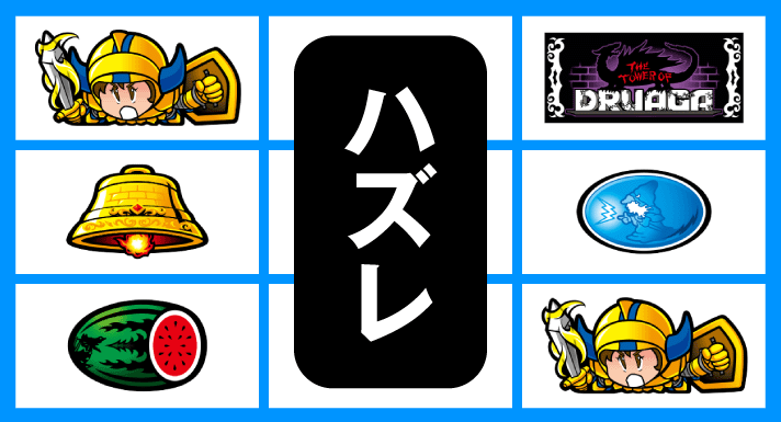 スマスロ/SLOT ドルアーガの塔　リーチ目　左リール2連ギル付近　上段ギル停止　右リールBAR・リプレイ・ギル停止　右上がりスイカテンパイハズレ