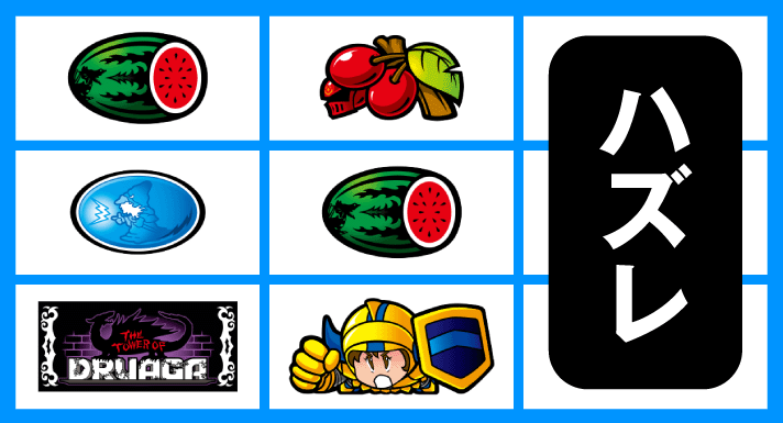 スマスロ/SLOT ドルアーガの塔　リーチ目　左リールBAR狙い　中リールスイカ＋ギル停止時　左リールBAR右下がりスイカテンパイハズレ