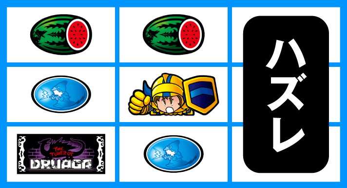 スマスロ/SLOT ドルアーガの塔　リーチ目　左リールBAR狙い　中リールスイカ＋ギル停止時　上段スイカテンパイハズレ