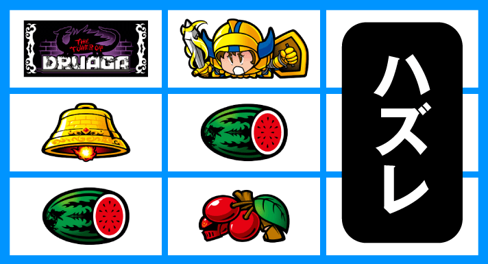 スマスロ/SLOT ドルアーガの塔　リーチ目　左リールBAR狙い　中リールスイカ＋ギル停止時　右上がりスイカテンパイハズレ