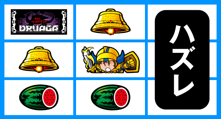 スマスロ/SLOT ドルアーガの塔　リーチ目　左リールBAR狙い　中リールスイカ＋ギル停止時　下段スイカテンパイハズレ