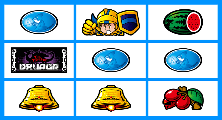 スマスロ/SLOT ドルアーガの塔　リーチ目　左リールリプレイ・BAR・ベル　中リールギル・リプレイ・ベル　右リールスイカ・リプレイ・チェリー