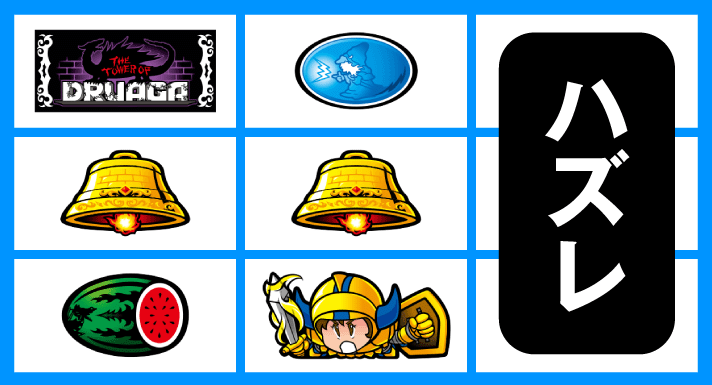 スマスロ/SLOT ドルアーガの塔　リーチ目　左リール上段BAR・中リール下段スイカなしギル停止　