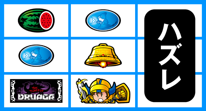 スマスロ/SLOT ドルアーガの塔　リーチ目　左リール下段BAR・中リール下段スイカなしギル停止　