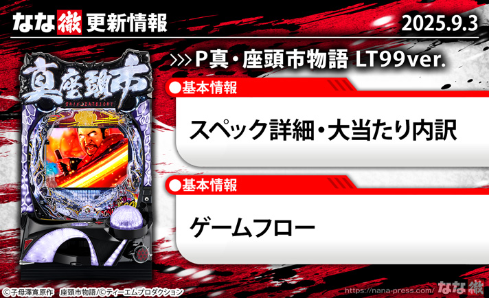 P真・座頭市物語 LT99ver. 更新情報の概要 機種概要 基本情報 スペック 大当たり内訳 ゲームフロー