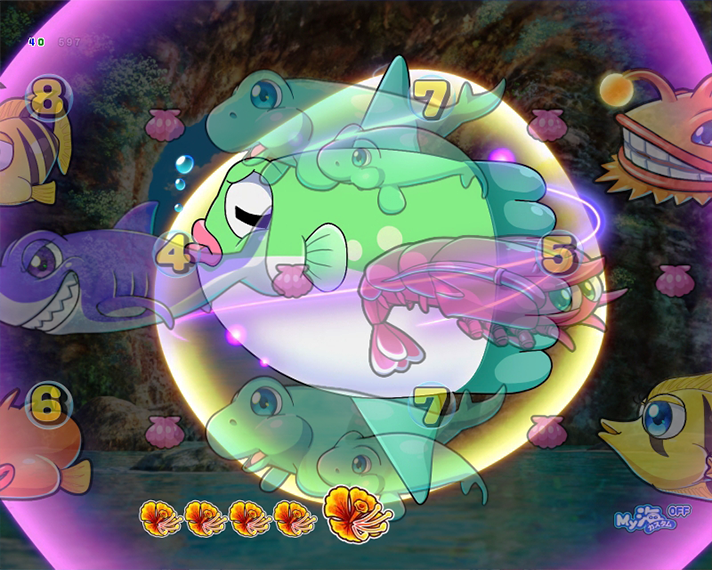 Pスーパー海物語IN沖縄6　演出情報　予告演出　スペック　モード別予告・演出　沖縄モード　リーチ後マンボウ予告　瞑想マンボウ