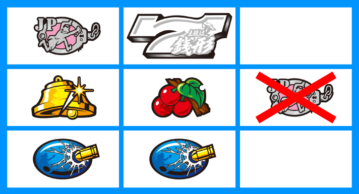 L主役は銭形5　各小役の停止形　強チェリー　中リール中段チェリー停止　右リール中段リプレイ否定