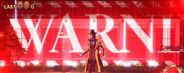 L主役は銭形5　頭上注意演出　WARNING（赤）