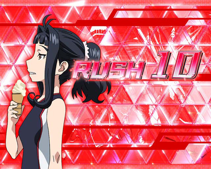 Lパチスロ 革命機ヴァルヴレイヴ2　上位AT「超革命ラッシュ」　ラウンド開始画面　赤背景　マリエ（水着）