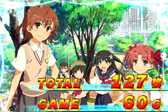 スマスロ とある科学の超電磁砲2　AT終了画面　【⼤切な友達C】御坂美琴&白井黒子&初春飾利&佐天涙子&御坂妹（白枠）