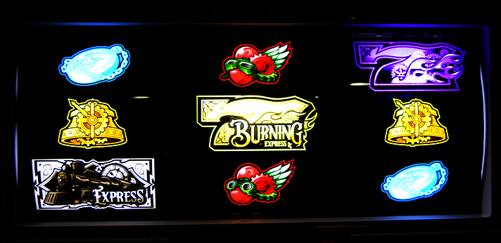 バーニングエクスプレス　通常時の演出モード・法則の概要　演出　無演出リーチ目　筐体リール部ボーナス図柄1直線リーチ目
