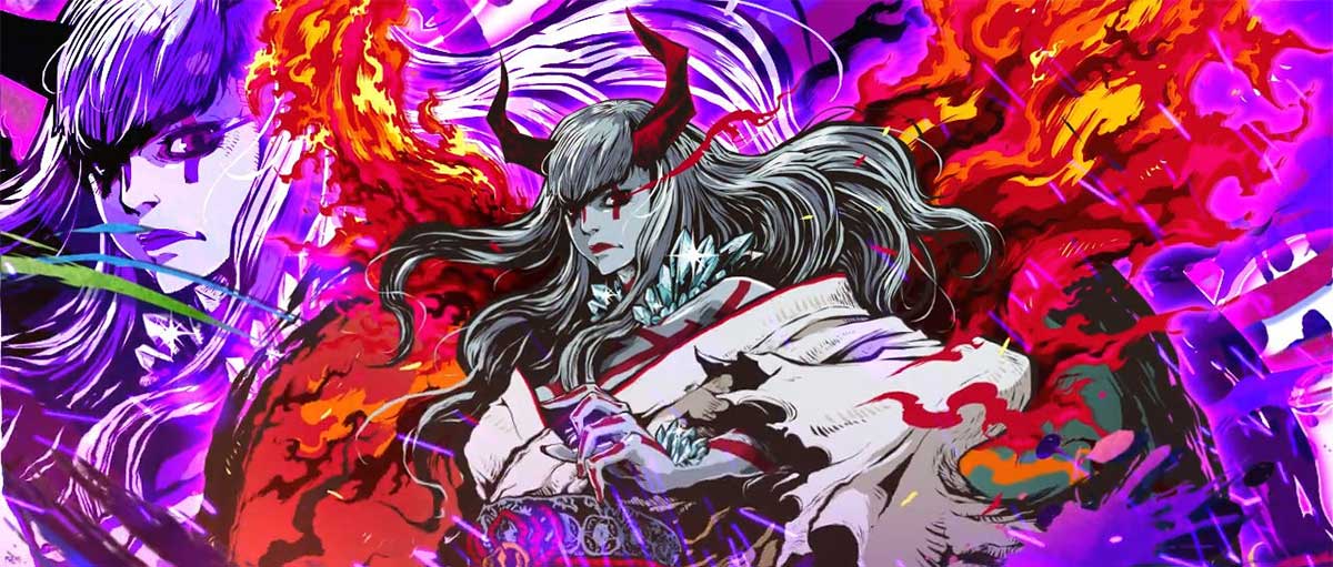 スマスロ鉄拳6　初当たりボーナス・AT終了画面　デビル一美　紫背景