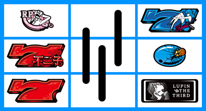 L不二子BT　リーチ目　左リール赤7中下段停止　右リール青7・プラム・BAR停止