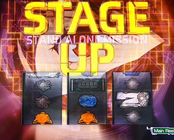 スマスロ 攻殻機動隊　CZ「S.A.M.」中　回胴HACK発生時　次G右リール白7を狙え　ラフ目停止　ステージアップ