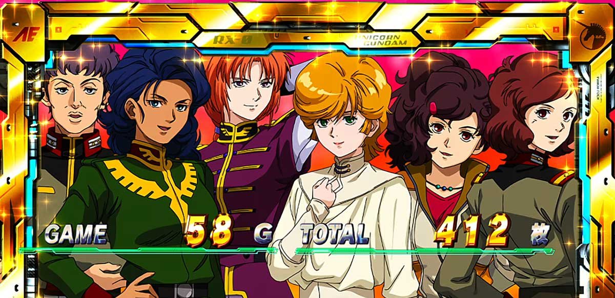 Ｌパチスロ 機動戦士ガンダムユニコーン 覚醒DRIVE　AT終了画面　女性キャラ6人（金）
