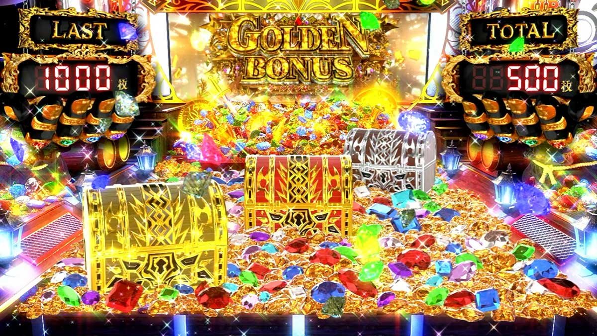 スマスロ ビッグドリーム THE GOLDEN PUSHER　AT「ゴールデンボーナス」　宝箱3つ　金　赤　銀