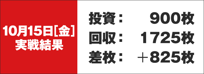 10/15[金]実戦結果 投資：900枚 回収：1725枚 差枚：+825枚