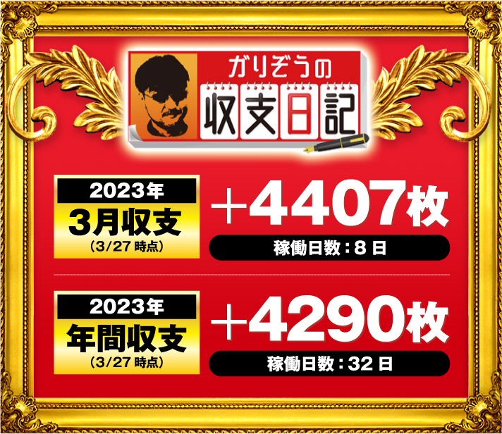 ガリぞうの収支日記#160　月間・年間収支　3月収支＋4407枚　稼働日8日　年間収支＋4290枚　稼働日32日