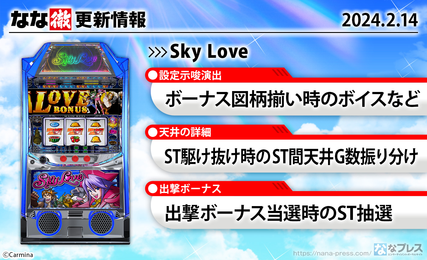 【Sky Love】ボーナス図柄関連の設定示唆演出、天井短縮時のST間ゲーム数振り分け、出撃ボーナス当選時のST抽選などを更新しました。【2月14日解析情報更新】