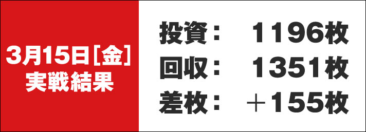 ガリぞう収支日記#211　3/15実戦結果　投資:1196枚　回収:1351枚　差枚:+155枚