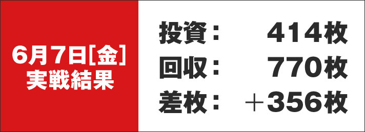 ガリぞう収支日記#223　6/7実戦結果　投資:414枚　回収:770枚　差枚:+356枚