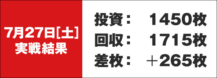 ガリぞう収支日記#230　7/27(土)実戦結果　投資:1450枚　回収:1715枚　差枚:+265枚