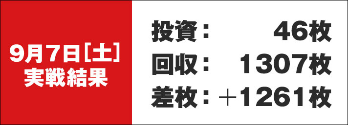 ガリぞう収支日記#236　9/7(土)　投資:46枚　回収:1307枚　差枚:+1261枚