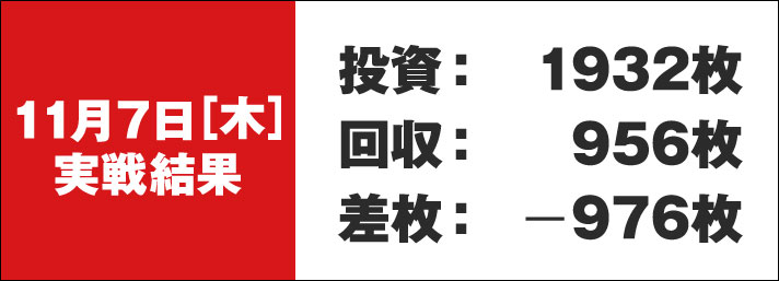 ガリぞう収支日記#245　11/7実戦結果　投資:1932枚　回収:956枚　差枚:-976枚