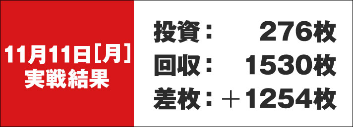 ガリぞう収支日記#245　11/11実戦結果　投資:276枚　回収:1530枚　差枚:+1254枚