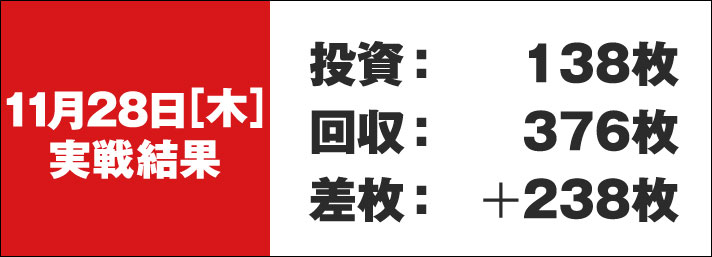 ガリぞう収支日記#248　11/28(木)実戦結果　投資:138枚　回収:376枚　差枚:+238枚