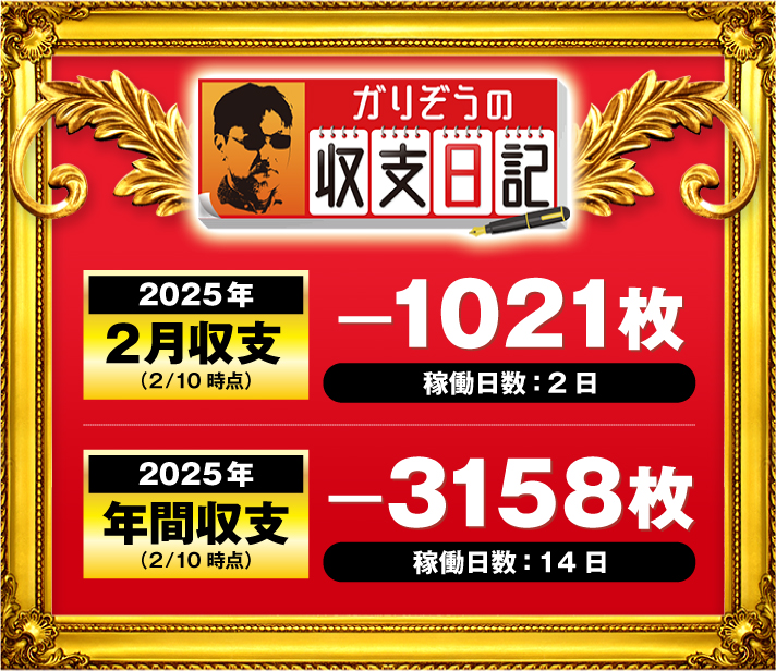 ガリぞう収支日記#258　2月収支(2/10時点)　稼働日：2日　差枚：-1021枚　2025年年間収支(2/10時点)　稼働日：14日　差枚：-3158枚