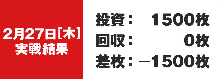 ガリぞう収支日記#261　2/27実戦結果　投資:1500枚　回収:0枚　差枚:-1500枚