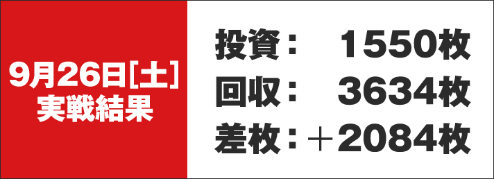 9/26[土]実戦結果 投資：1550枚 回収：3634枚 差枚：+2084枚