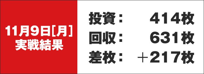 11/9[日]実戦結果 投資：414枚 回収：631枚 差枚：+217枚