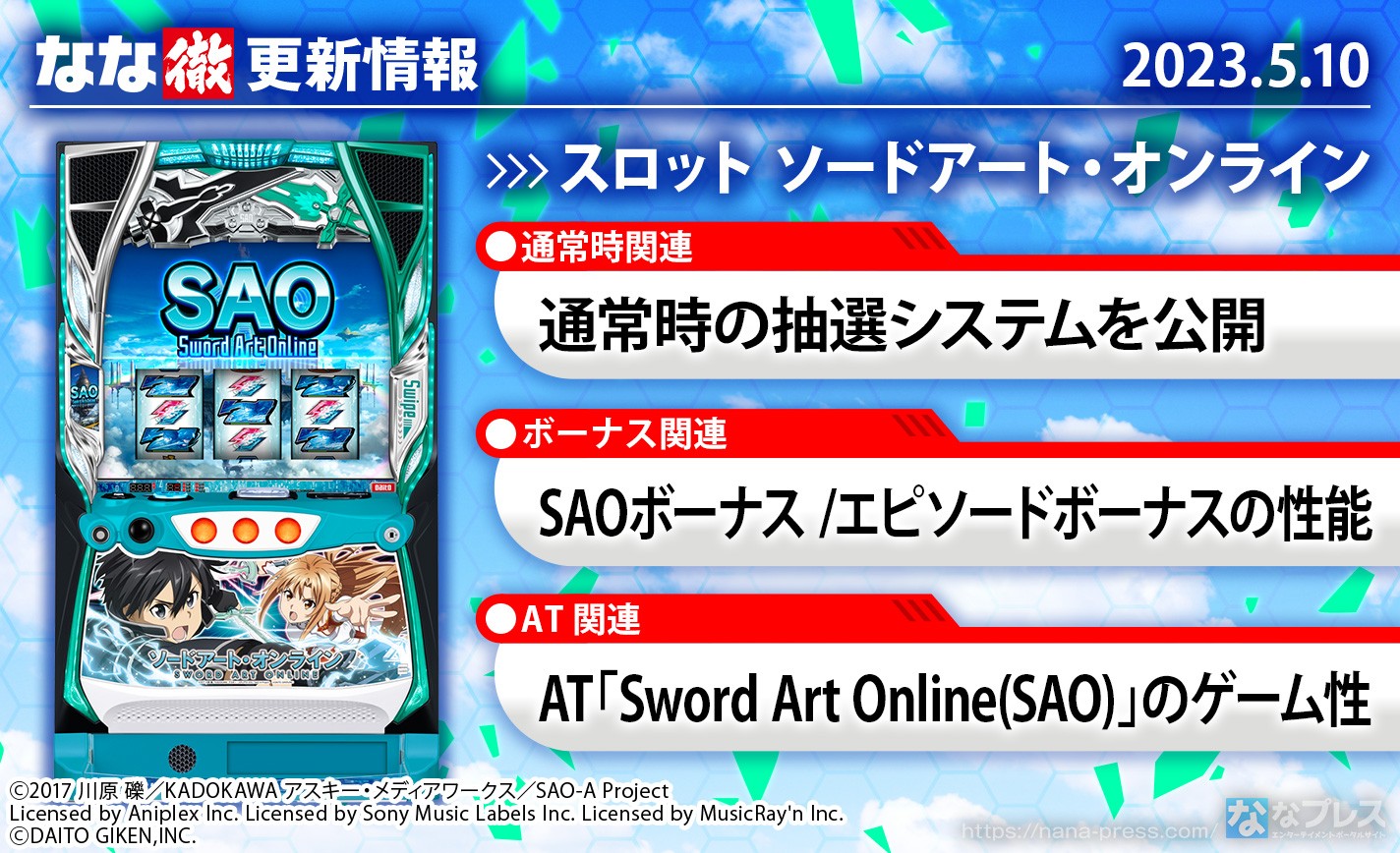 【スロット ソードアート・オンライン】通常時の抽選システム、AT「Sword Art Online(SAO)」のゲーム性などを更新しました。【5月10日解析情報更新】 eyecatch-image